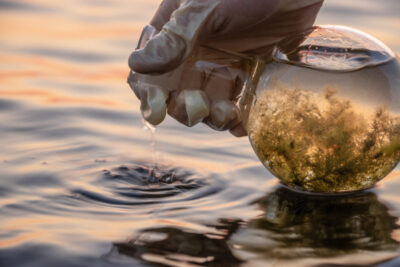 ampling of dirty water in a reservoir. The water blooms, there is a lot of organic matter in it, algae. The laber's hand in a latex glove holds a spherical flask with a sample of polluted water.