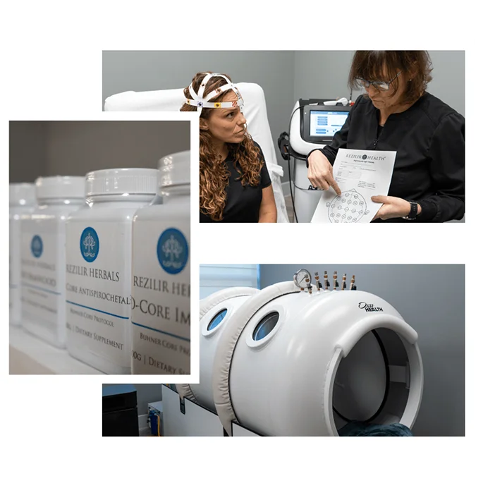 Rezilir Health clinic interior collage with treatment rooms and medical therapies.